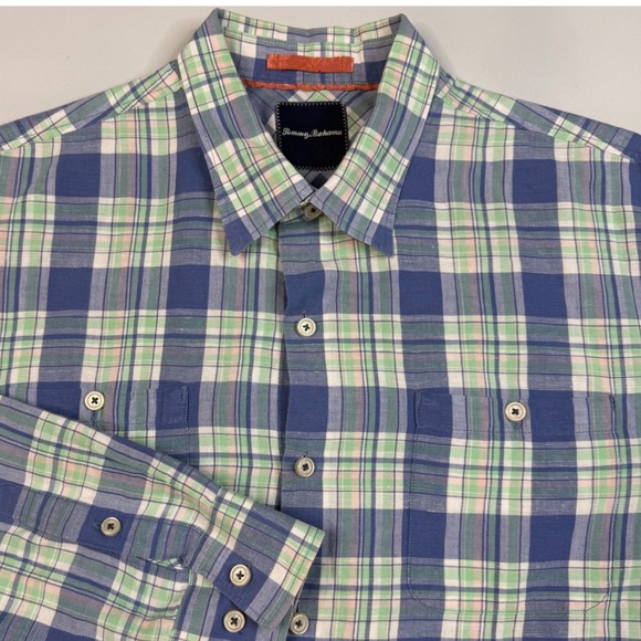 Tommy Bahama Other - Tommy‎ Bahama Button Up Shirt Mens XL Blue Green Plaid Linen Cotton Long Sleeve